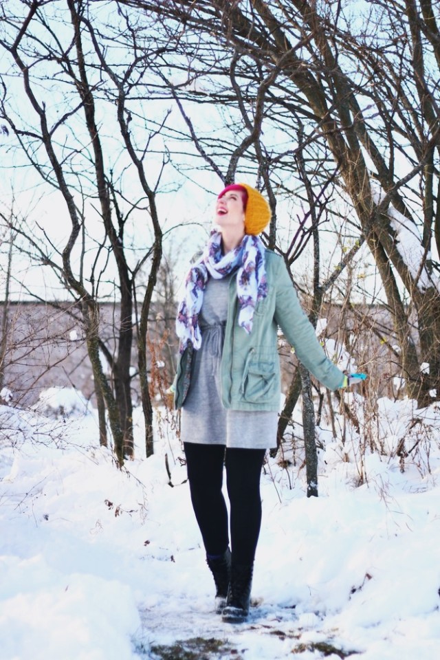 Outfit: outerwear for winter, gray sweatshirt dress, black leggings, olive green utility jacket, black Doc Martens, yellow hat, bright pink hair