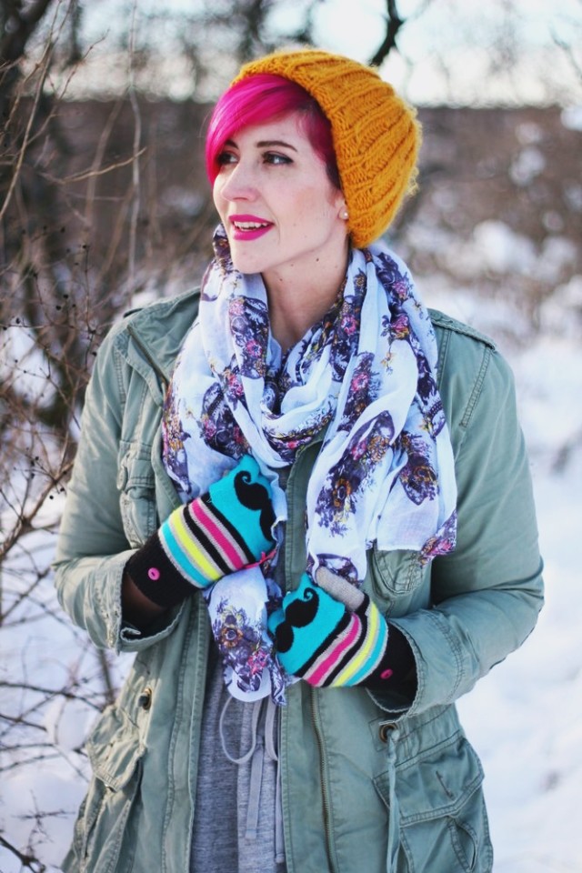 Outfit: outerwear for winter, gray sweatshirt dress, black leggings, olive green utility jacket, black Doc Martens, yellow hat, bright pink hair