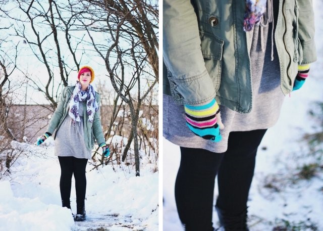 Outfit: outerwear for winter, gray sweatshirt dress, black leggings, olive green utility jacket, black Doc Martens, yellow hat, bright pink hair