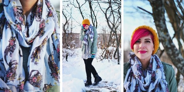 Outfit: outerwear for winter, gray sweatshirt dress, black leggings, olive green utility jacket, black Doc Martens, yellow hat, bright pink hair