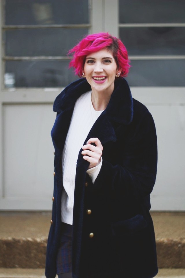 Outfit: furry blue coat, oversized white sweater, high waisted plaid shorts, navy blue tights, beige t-strap high heels, curly pink hair