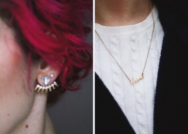 Outfit details: $1 ear jacket from Wal-Mart and gold shine necklace