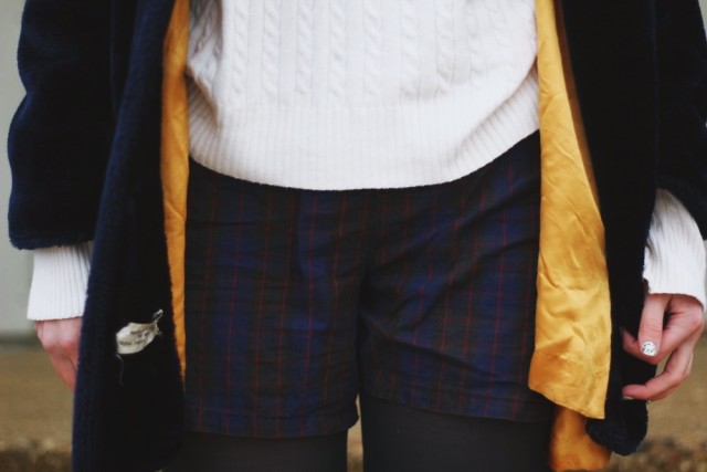 Outfit detail: vintage furry blue coat, oversized white sweater, high waisted plaid shorts, navy blue tights