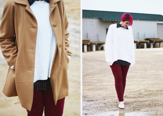 Christmas outfit inspired by 1990 Home Alone movie: green plaid button down, oversized white sweater, burgundy jeggings, gold glitter flats, bright pink hair, wine colored lips, camel colored coat