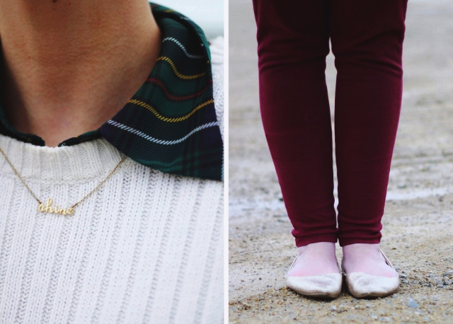 Christmas outfit inspired by 1990 Home Alone movie: green plaid button down, oversized white sweater, burgundy jeggings, gold glitter flats, bright pink hair, wine colored lips, camel colored coat