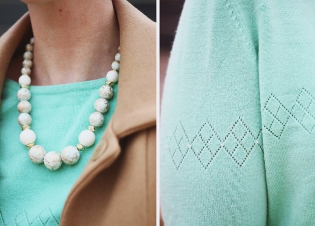 Outfit: Vintage mint sweater from Secret Santa, high waisted dark wash denim jeans, vintage bauble necklace, pink shoes, pink curly hair, pink lipstick