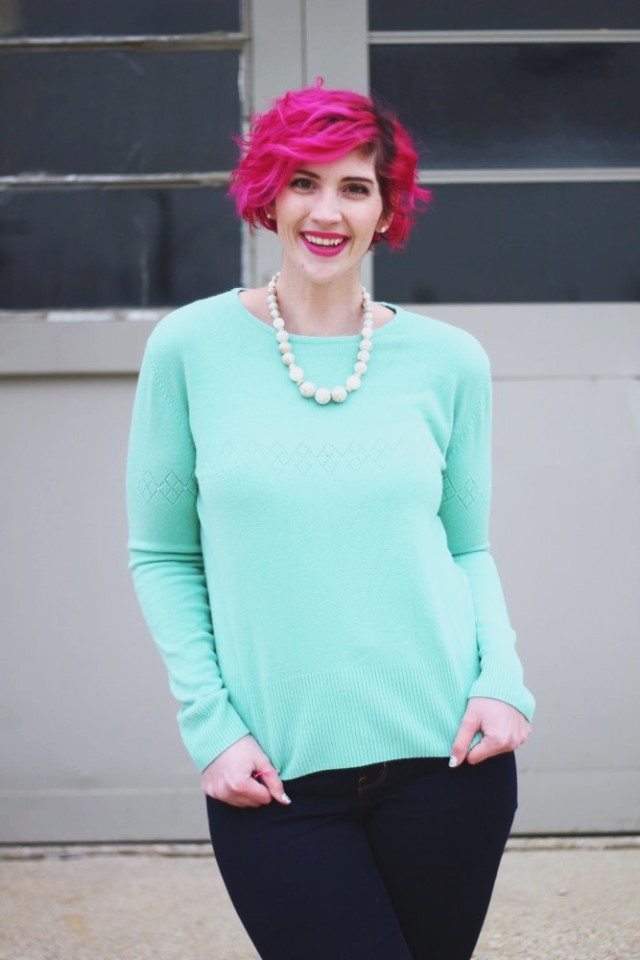 Outfit: Vintage mint sweater from Secret Santa, high waisted dark wash denim jeans, vintage bauble necklace, pink shoes, pink curly hair, pink lipstick