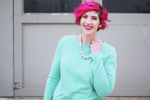 A Stylish Surprise From My Secret Santa | The Outfit Repeater Outfit: Vintage mint sweater from Secret Santa, high waisted dark wash denim jeans, vintage bauble necklace, pink shoes, pink curly hair, pink lipstick