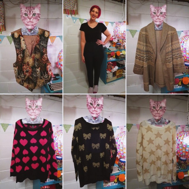 November Monthly Thrift Haul clothes: Seventeen for Sears sweaters, cat printed vest, vintage patterned cardigan, plaid high waisted stirrup pants