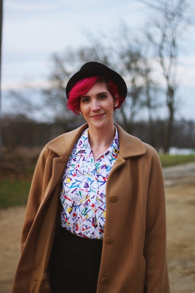 Outfit: colorful printed shirt, high waisted shorts, purple tights, pork pie hat, pink hair, black flats, vintage camel colored coat 