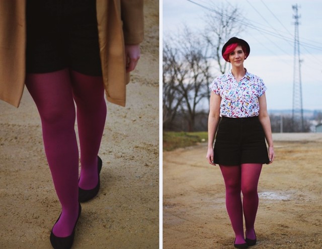 Modern Musings and '80s Style | The Outfit Repeater Outfit: colorful printed shirt, high waisted shorts, purple tights, pork pie hat, pink hair, black flats, vintage camel colored coat