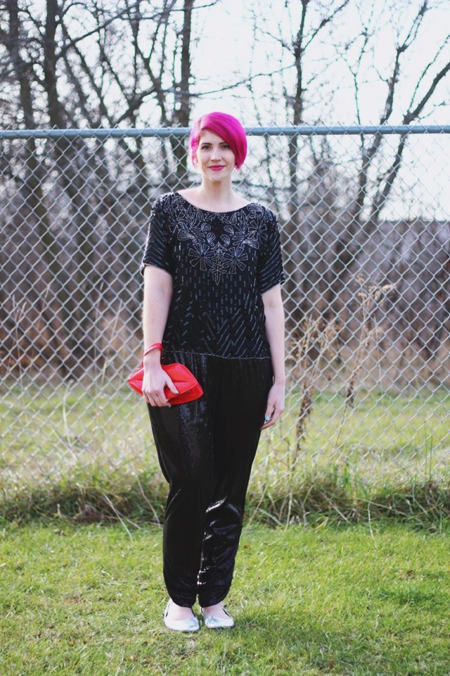 Styled in Sequins | Outfit Collab w/ Mademoiselle Ruta | The Outfit Repeater sequin holiday party look sequin sweatpants thrifted vintage sequined blouse red lips purse pink pixie cut hair winter