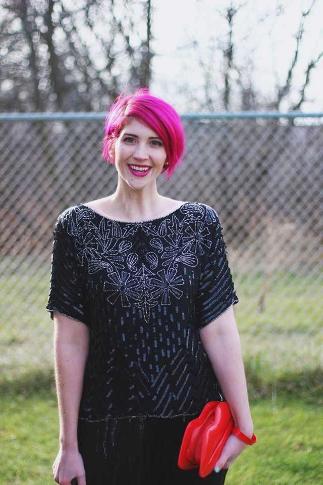 sequin holiday party look sequin sweatpants vintage sequined blouse red lips purse pink pixie cut hair winter