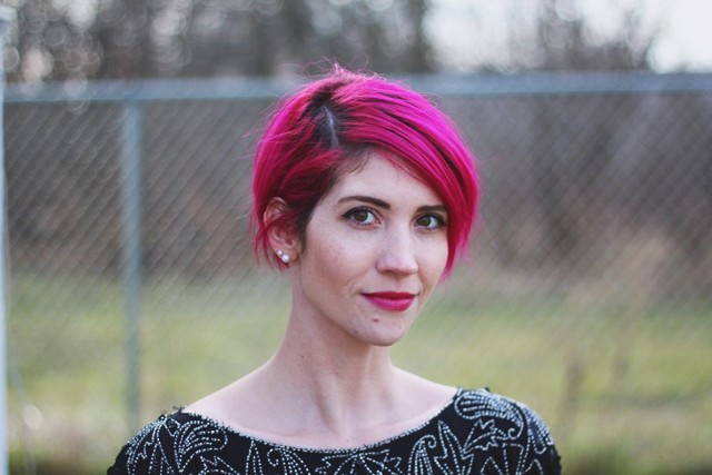 magenta rose pink pixie hair cut dark roots purple lipstick