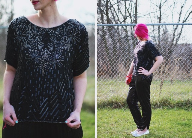 Styled in Sequins | Outfit Collab w/ Mademoiselle Ruta | The Outfit Repeater sequin holiday party look sequin sweatpants thrifted vintage sequined blouse red lips purse pink pixie cut hair winter