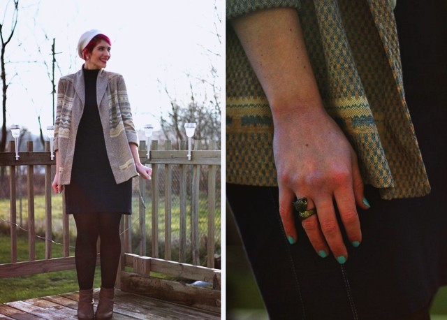 outfit: black high neck early 2000's dress, black tights, camel tan heeled booties, vintage patterned cardigan, bright magenta short hair, white vintage beret thrifted