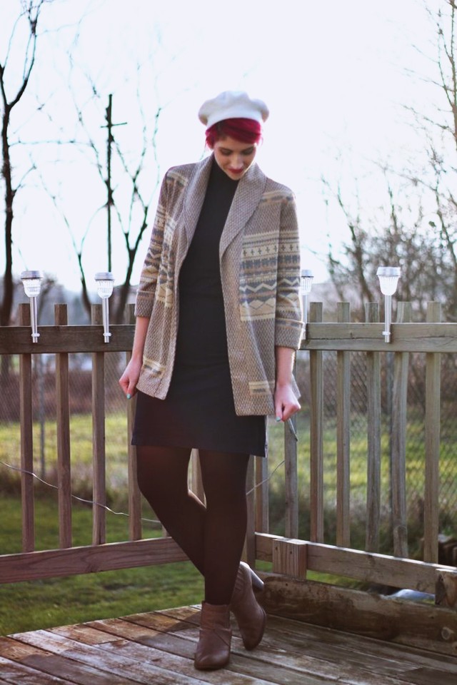 outfit: black high neck early 2000's dress, black tights, camel tan heeled booties, vintage patterned cardigan, bright magenta short hair, white vintage beret thrifted