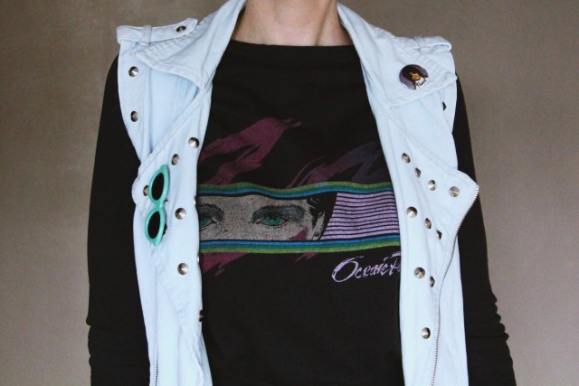 Outfit details: 1983 Ocean Pacific sweatshirt, studded denim vest, vintage pins