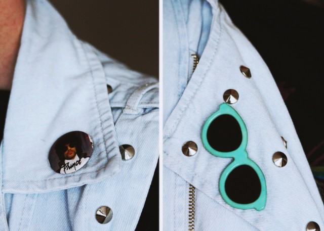Outfit details: light wash denim studded vest and vintage Prince and sunglasses pins