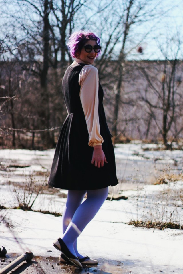 Outfit: leopard print coat, black dress, vintage blouse, lavender tights, round sunglasses, purple hair