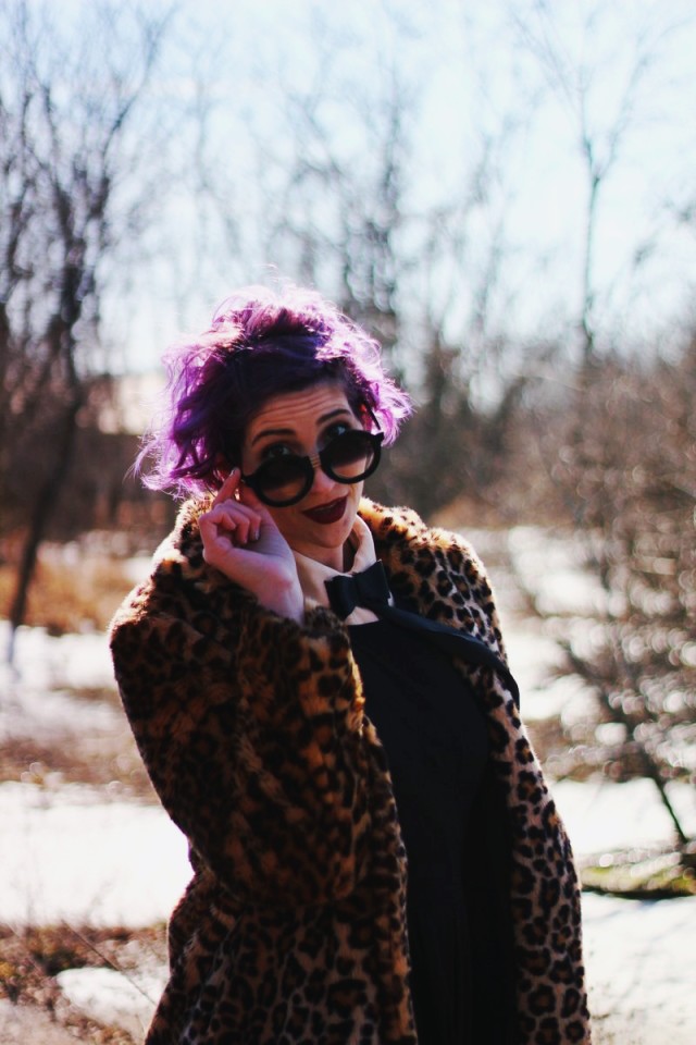 Outfit: leopard print coat, black dress, vintage blouse, lavender tights, round sunglasses, purple hair