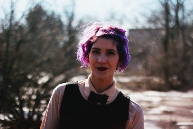 Outfit: leopard print coat, black dress, vintage blouse, lavender tights, round sunglasses, purple hair