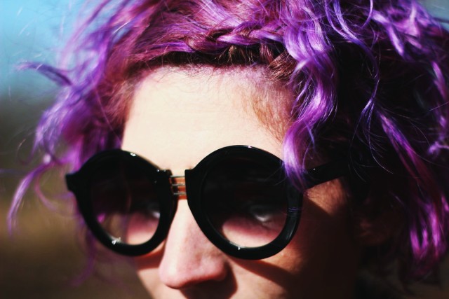 Purple Hair and a Leopard Print Coat | theoutfitrepeater.com Outfit: leopard print coat, black dress, vintage blouse, lavender tights, round sunglasses, purple hair