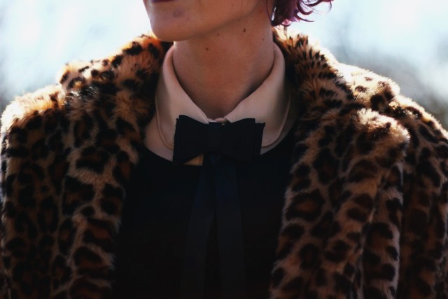 Outfit: leopard print coat, black dress, vintage blouse, lavender tights, round sunglasses, purple hair