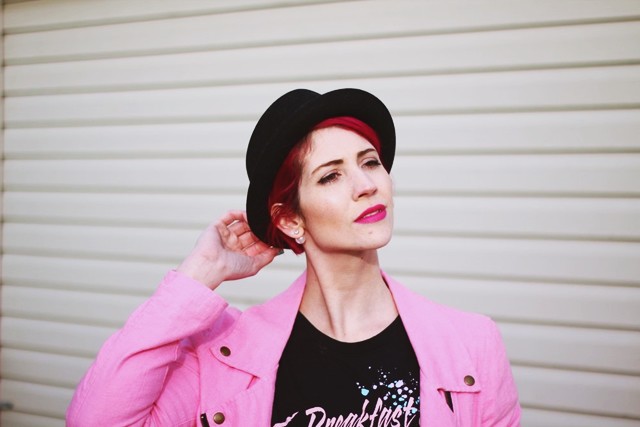 Black pork pie hat + magenta hair