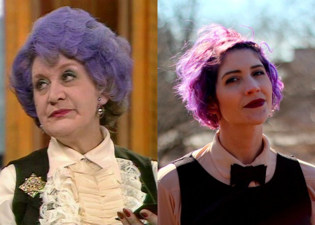 Purple Hair and a Leopard Print Coat | theoutfitrepeater.com Mrs. Slocombe of Are You Being Served? look alike