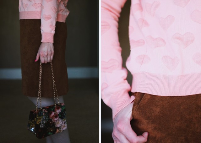 A heart printed pink sweatshirt is worn for a day to night outfit on Valentine's Day.