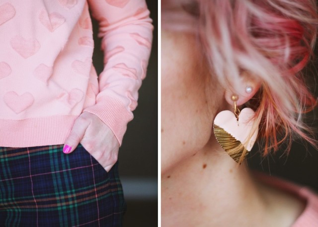 Valentine's Day to Night Outfit | theoutfitrepeater.com A heart printed pink sweatshirt is worn for a day to night outfit on Valentine's Day.