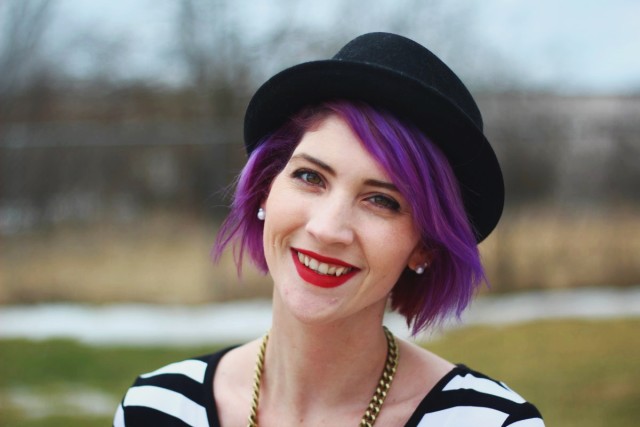 Stripes and Suede Skirts Forever | theoutfitrepeater.com Purple hair, black hat, red lip