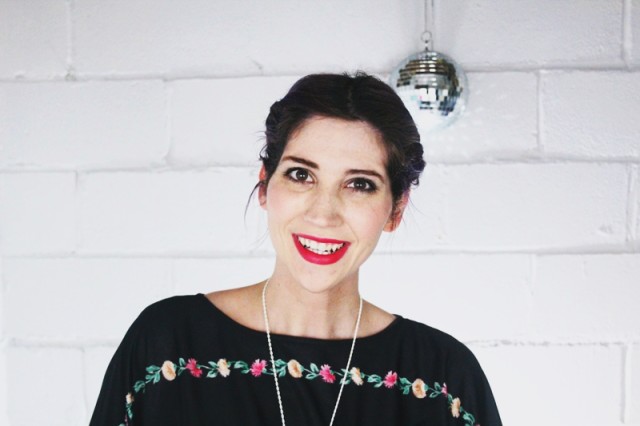 1970's inspired outfit: black floral maxi dress, yellow stacked heels, hot pink lipstick, vintage Monet necklace, disco ball