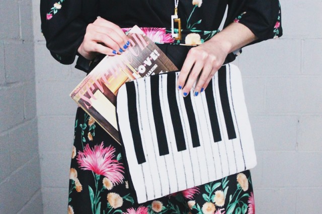1970's inspired outfit: black floral maxi dress, yellow stacked heels, hot pink lipstick, vintage Monet necklace, disco ball