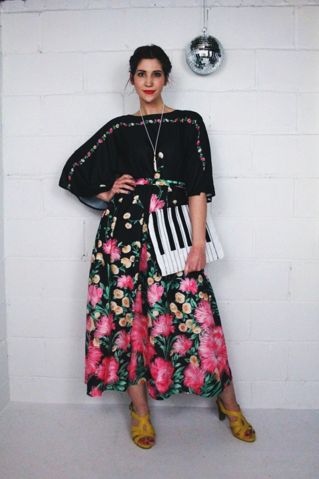 1970's inspired outfit: black floral maxi dress, yellow stacked heels, hot pink lipstick, vintage Monet necklace, disco ball