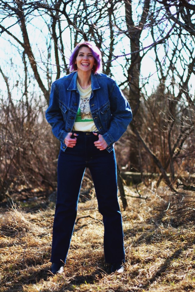 1970's inspired outfit: High waisted flared denim pants, jean jacket, vintage yellow owl graphic tee, oversized sunglasses, heeled boots, Seventeen magazine