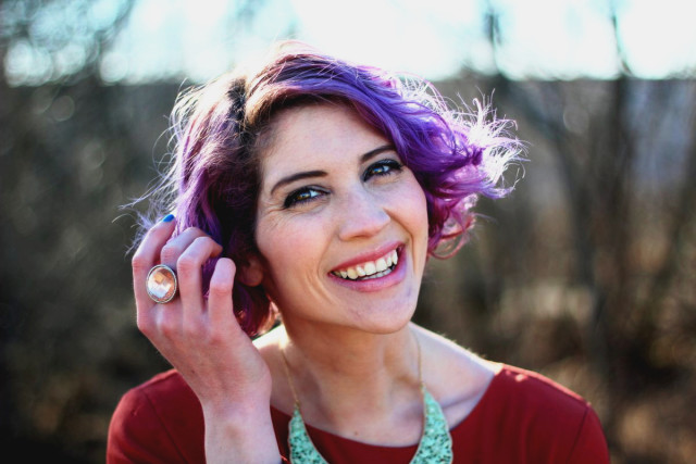 1960's fashion inspired by the movie Rosemary's Baby: burnt orange dress, blue peter pan collar necklace, curly purple hair, mod makeup, t-strap heels