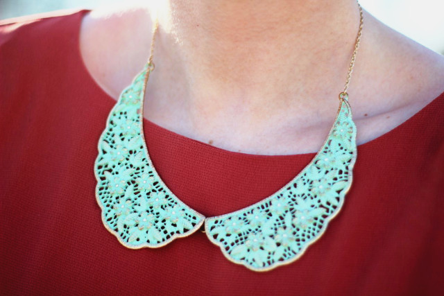 Burnt orange dress and blue peter pan collar necklace