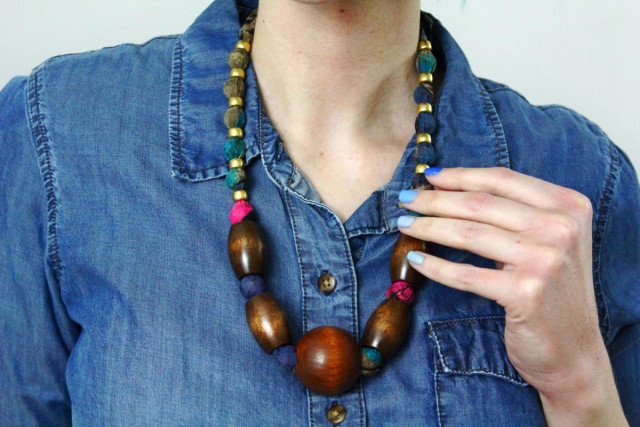 Outfit details: chambray button up, thrifted wooden necklace and blue ombre mani