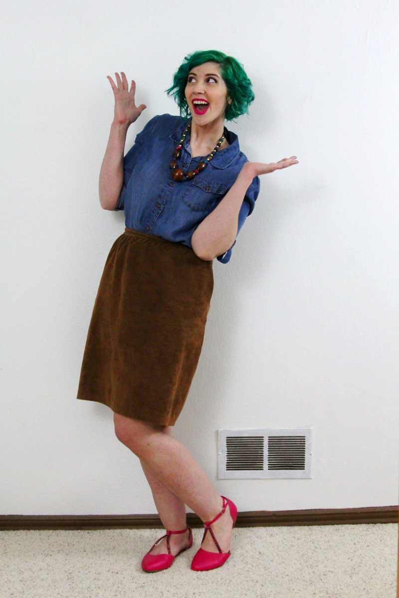 Outfit: green hair by Pravana, chambray button up, suede cognac skirt, pink flats, fuschia lipstick by YSL