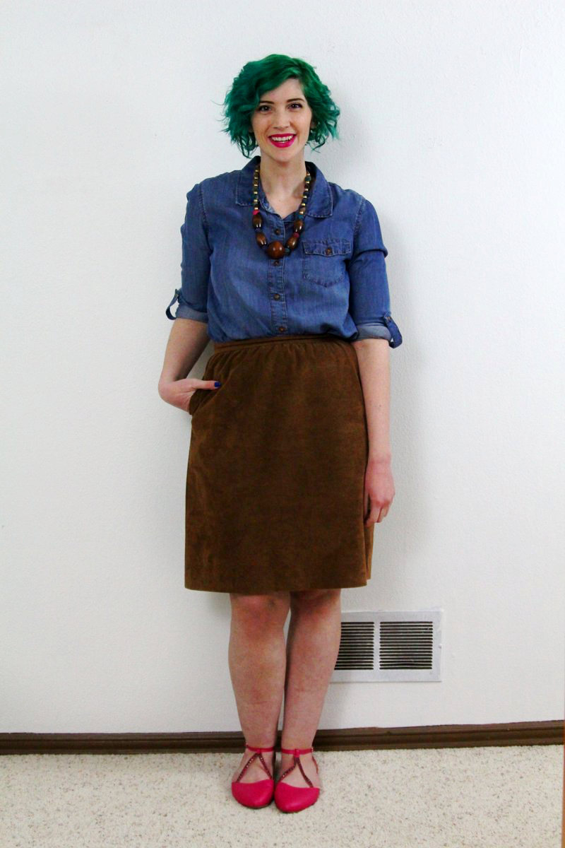 Outfit: green hair by Pravana, chambray button up, suede cognac skirt, pink flats, fuschia lipstick by YSL
