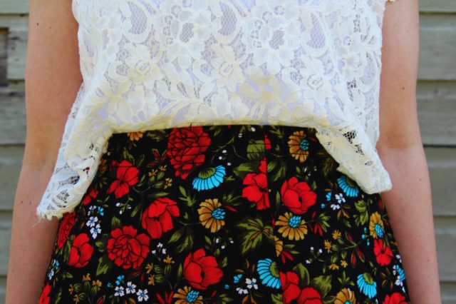 Spring style outfit: Target white lace crop top, vintage thrifted red floral skirt pattern mixing