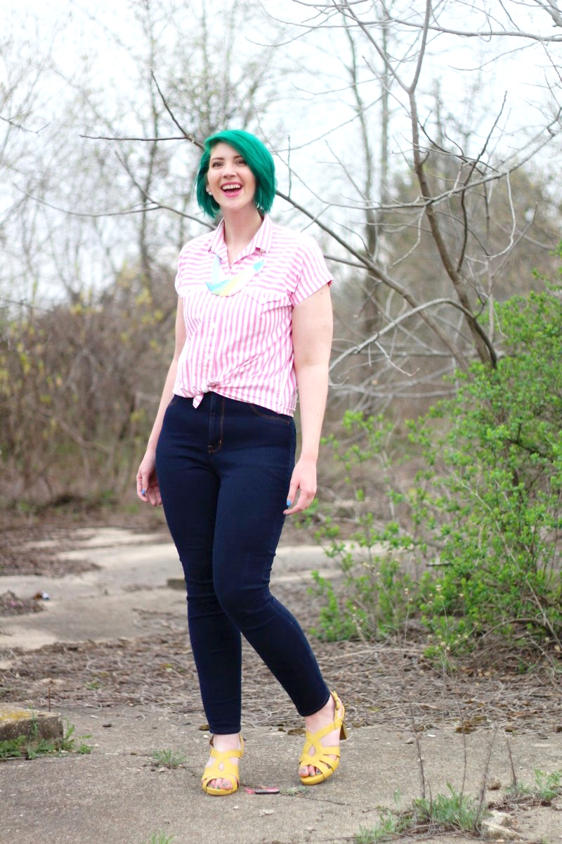 Outfit: pink striped button up, dark wash high waisted jeans, yellow high heels, a statement necklace in the shape of a parrot