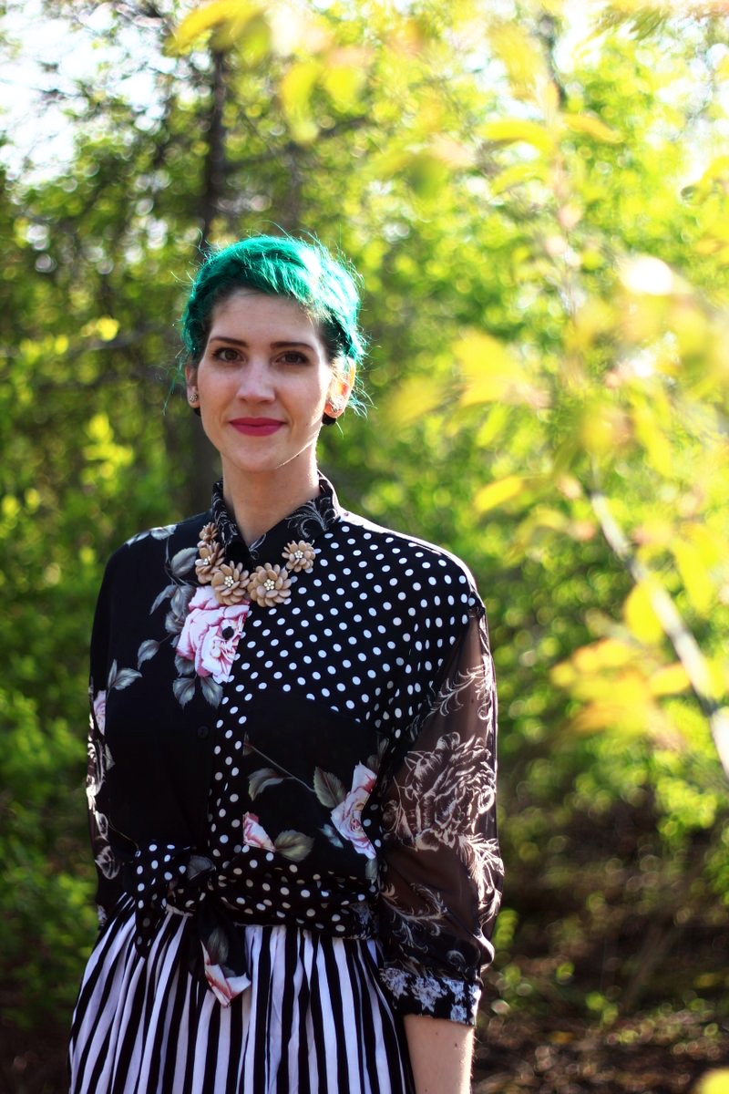Mother's Day Outfit: Contempo Casual printed shirt, striped skirt, beige floral necklace, green hair