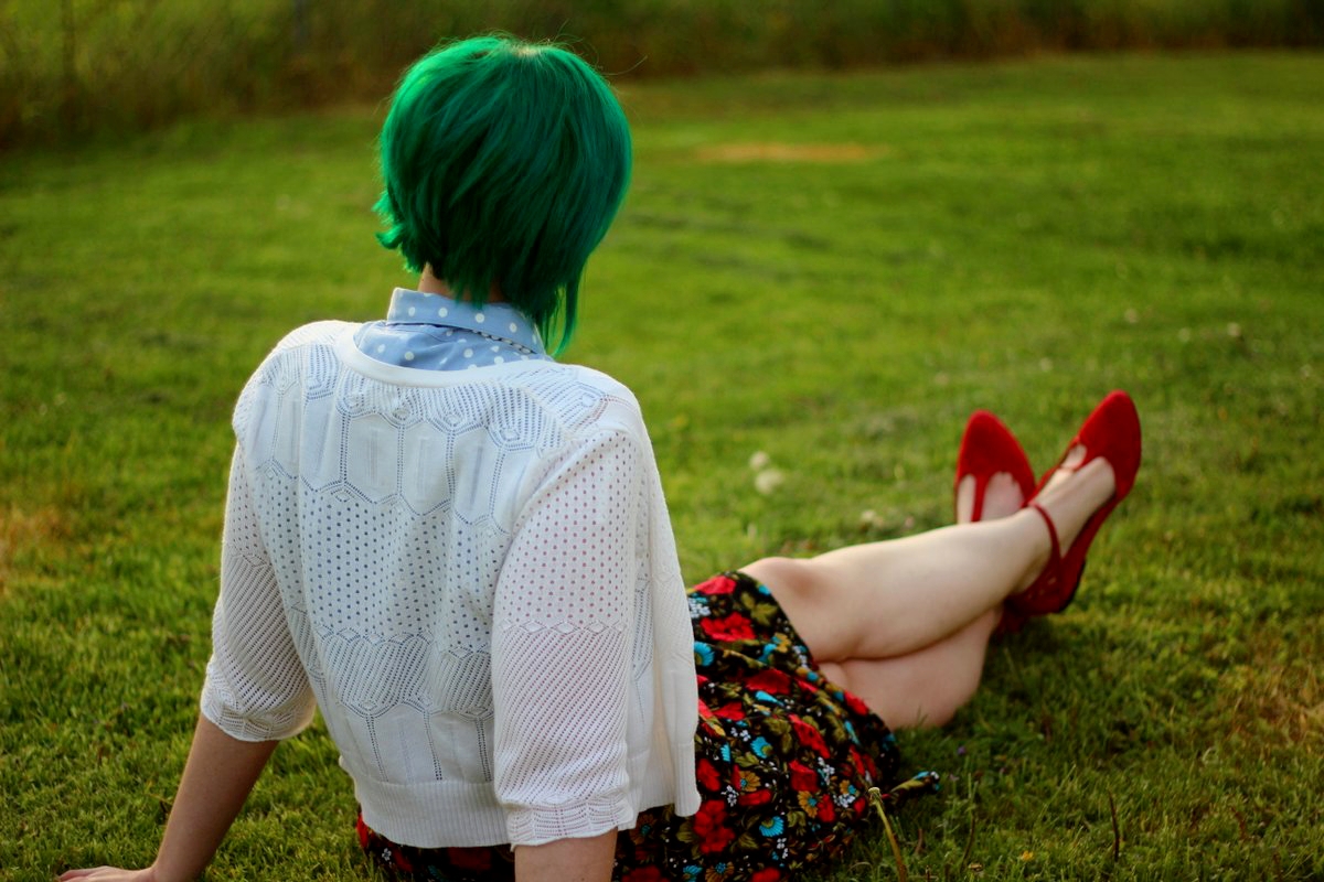 Outfit: polka dot chambray top, black floral skirt, green hair, white cardigan, vintage beaded necklace, red t-strap flat shoes
