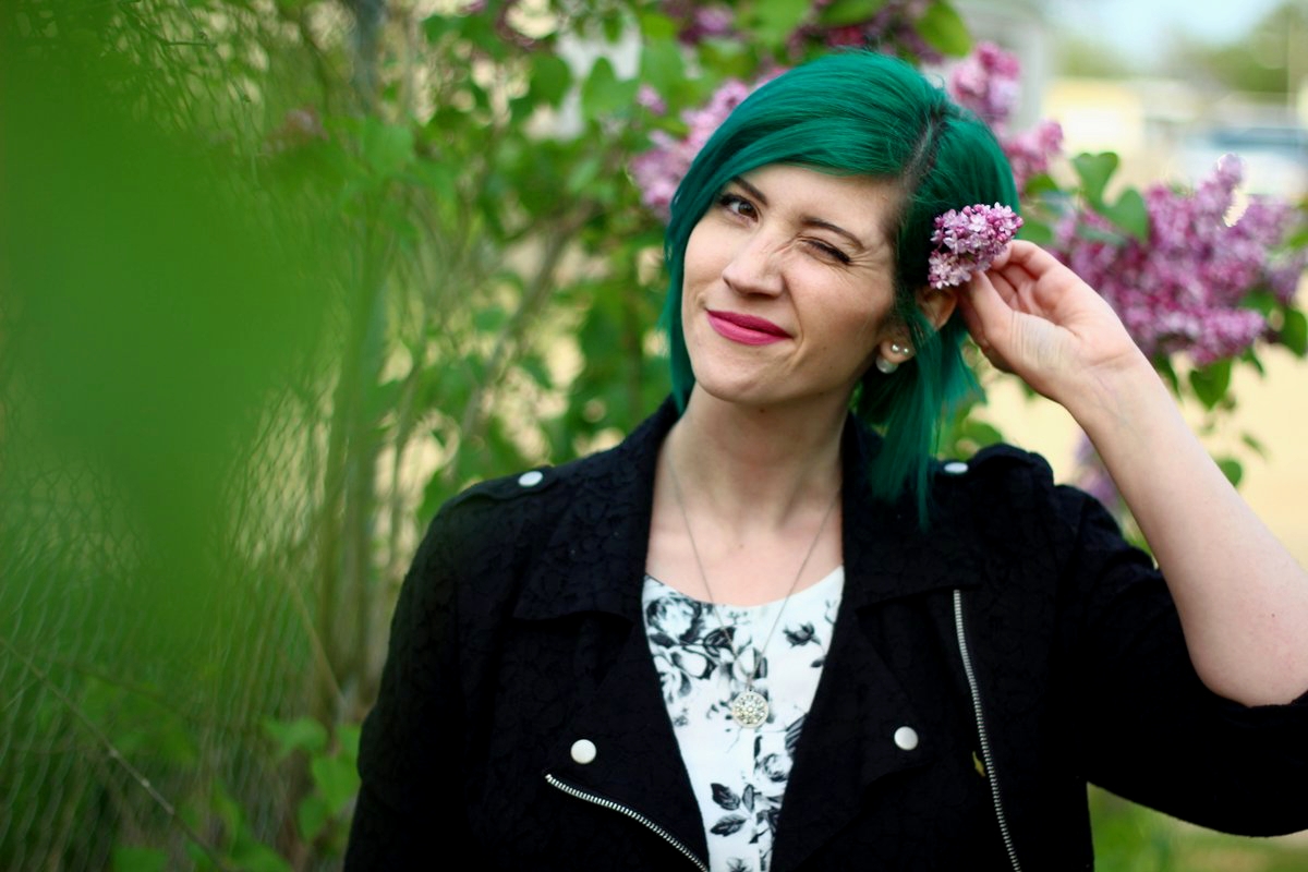 Outfit: black and white floral dress, lace moto jacket, gray belt, vintage necklace, green hair