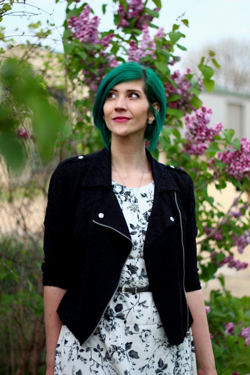 Outfit: black and white floral dress, lace moto jacket, gray belt, vintage necklace, green hair