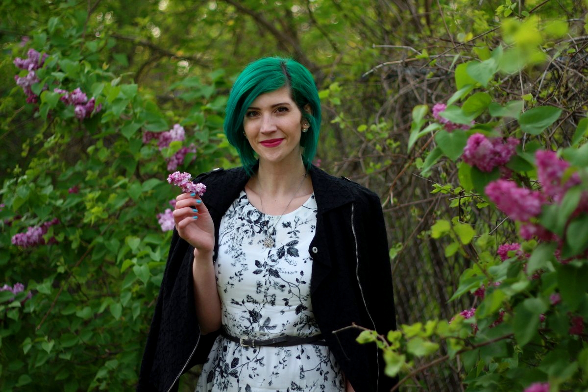 Outfit: black and white floral dress, lace moto jacket, gray belt, vintage necklace, green hair