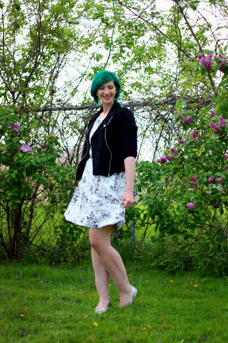 Outfit: black and white floral dress, lace moto jacket, gray belt, vintage necklace, green hair, silver thrifted flats